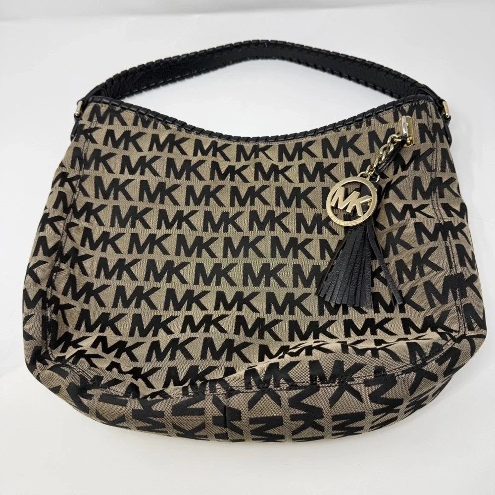 Michael Kors MK Logo Jacquard Hobo Shoulder Bag Black Tan Tassel Charm